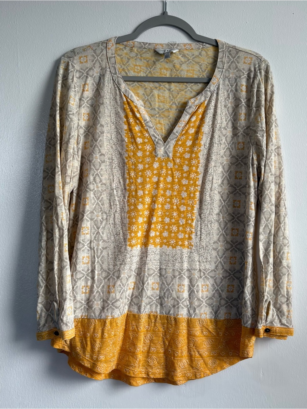 Lucky Brand Gray Yellow Geometric Boho V-Neck Long Sleeve Tunic Top Women’s L